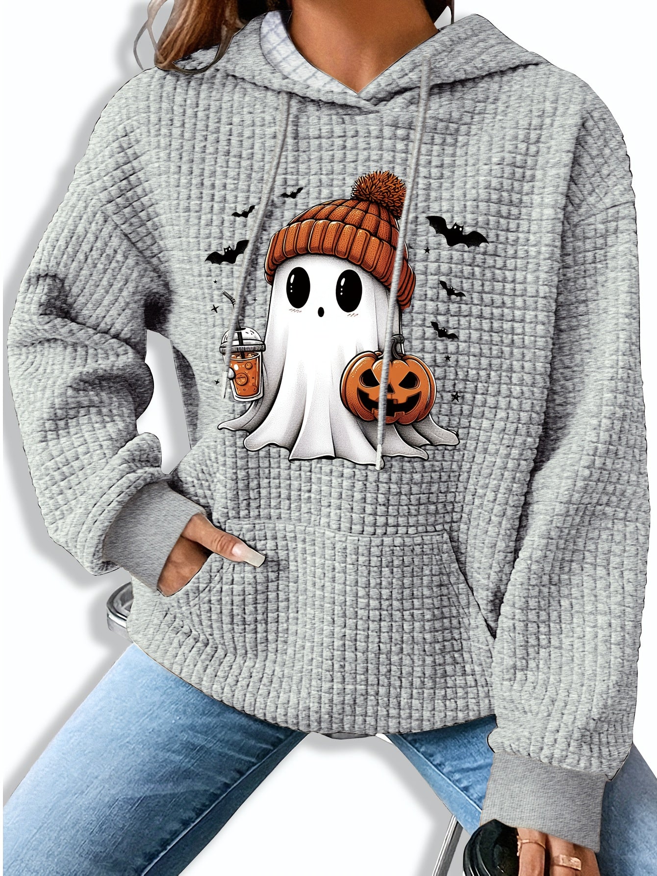 Halloween-Themed Casual Waffle Knit Hoodie with Pumpkin and Bat Design, Long Sleeve Drawstring Pullover with Hood, 95% Polyester 5% Spandex Blend, Fall/Winter Collection