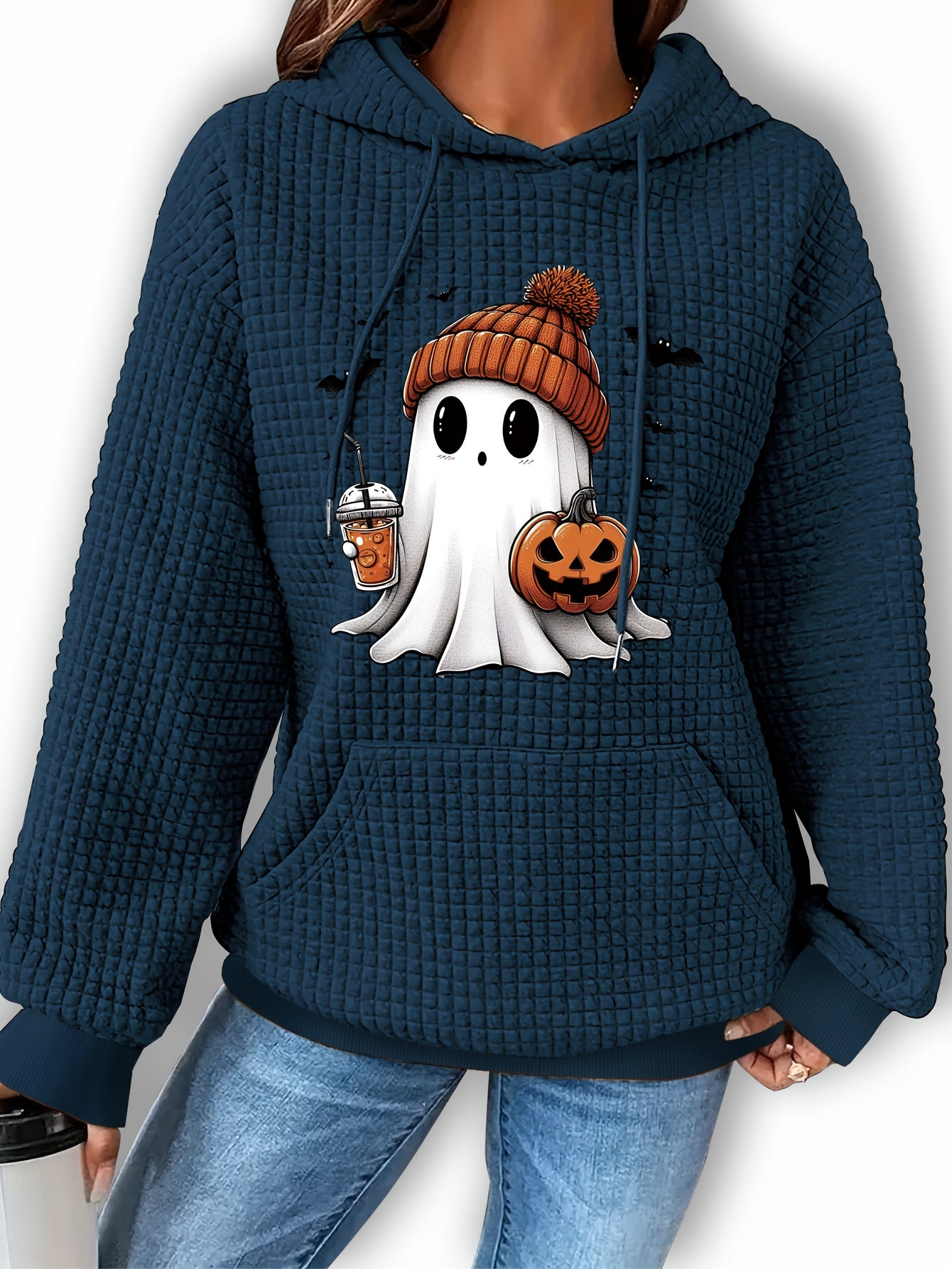 Halloween-Themed Casual Waffle Knit Hoodie with Pumpkin and Bat Design, Long Sleeve Drawstring Pullover with Hood, 95% Polyester 5% Spandex Blend, Fall/Winter Collection