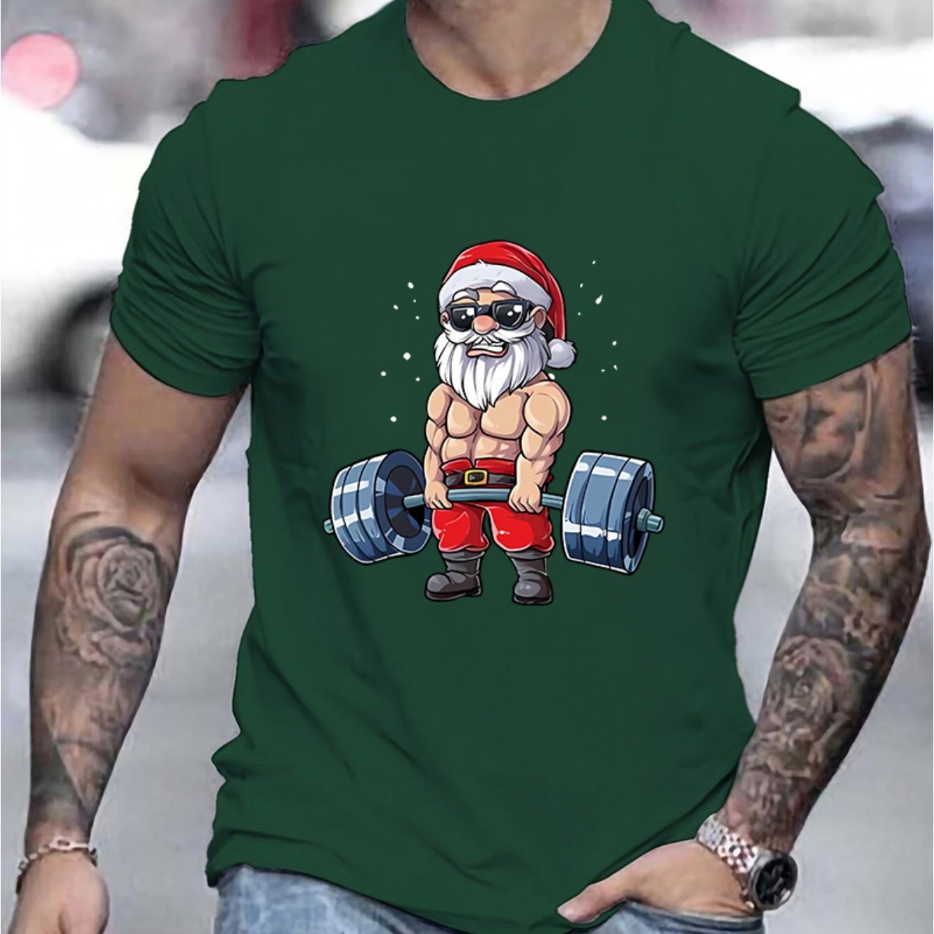 Round Neck Santa Claus And Barbell Print Men's Fashionable Summer Short Sleeved Sports T-shirt, Comfortable And Versatile