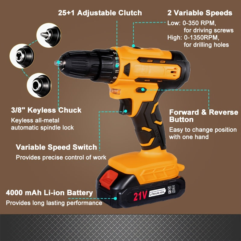 21V Cordless Impact Wrench/Cordless Drill Set, Power Impact Gun/Drill, Brushless Impact Wrench/Electric Drill Kit With 4000 MAH Battery, Accessories & Tool Bag, Portable, For Automotive And Home Use