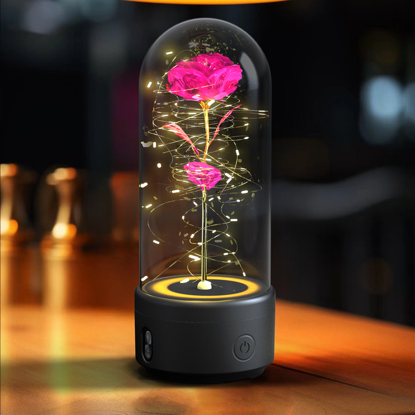 Luz LED creativa 2 en 1 con forma de rosa y altavoz Bluetooth, regalo de San Valentín, adorno de luz nocturna luminosa con forma de rosa en cubierta de vidrio