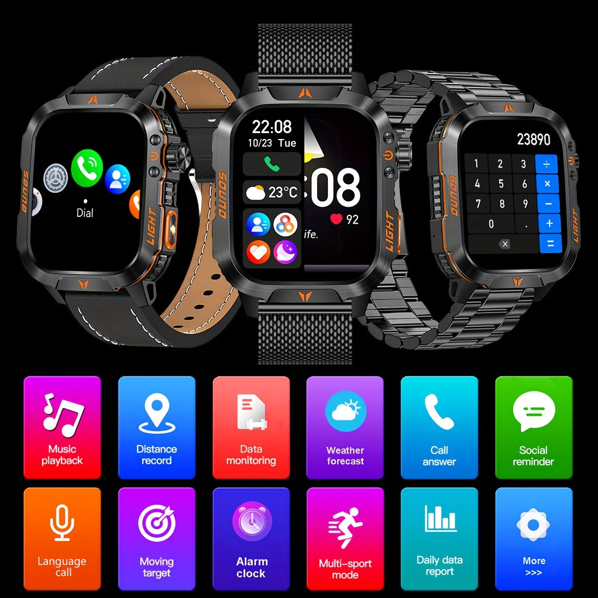 2.01 Inch Large Screen Men's Outdoor Sports Smartwatch with Flashlight, Waterproof, Fitness Tracking, Wireless Calls, Voice Assistant, and Notifications