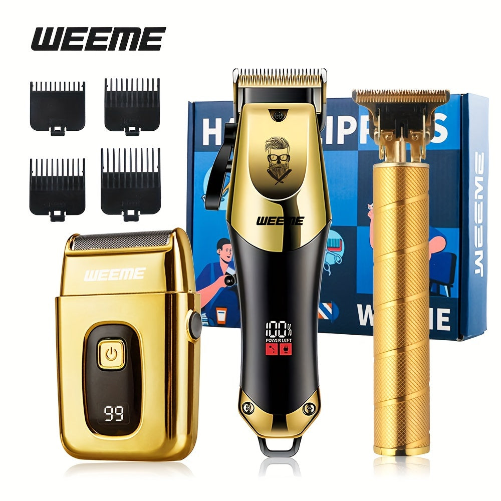 3pcs/set 8pcs 3pcs 3pcs Professional 3-Piece Golden Hair Clipper & Trimmer Set with USB Rechargeable, LCD Display, Electric Shaver, T-Blade, Limit Combs & Cleaning Brushes