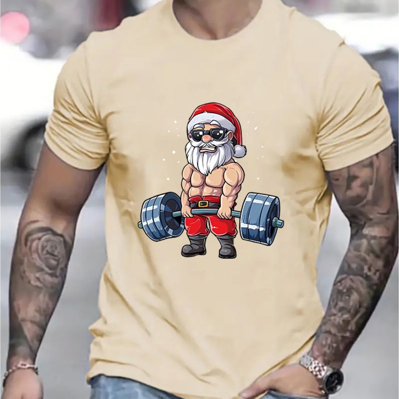 Round Neck Santa Claus And Barbell Print Men's Fashionable Summer Short Sleeved Sports T-shirt, Comfortable And Versatile