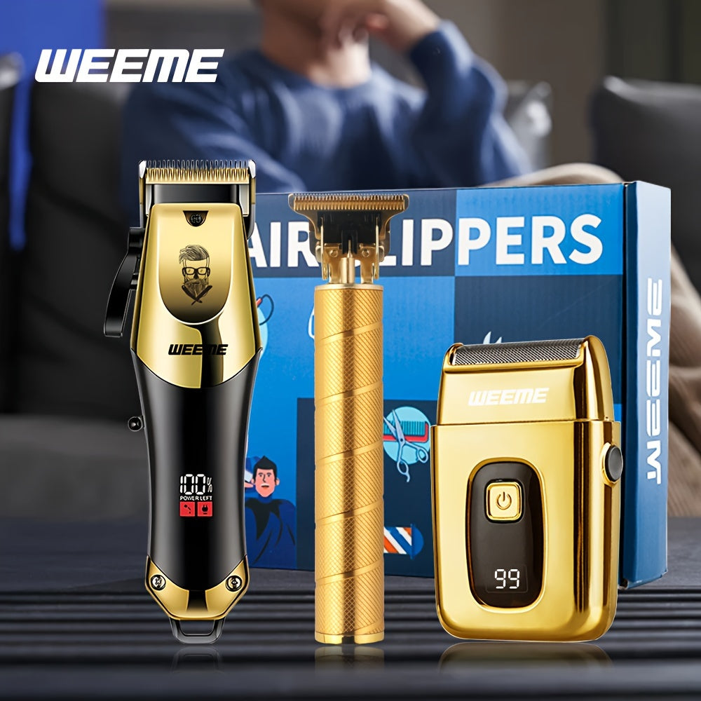 3pcs/set 8pcs 3pcs 3pcs Professional 3-Piece Golden Hair Clipper & Trimmer Set with USB Rechargeable, LCD Display, Electric Shaver, T-Blade, Limit Combs & Cleaning Brushes