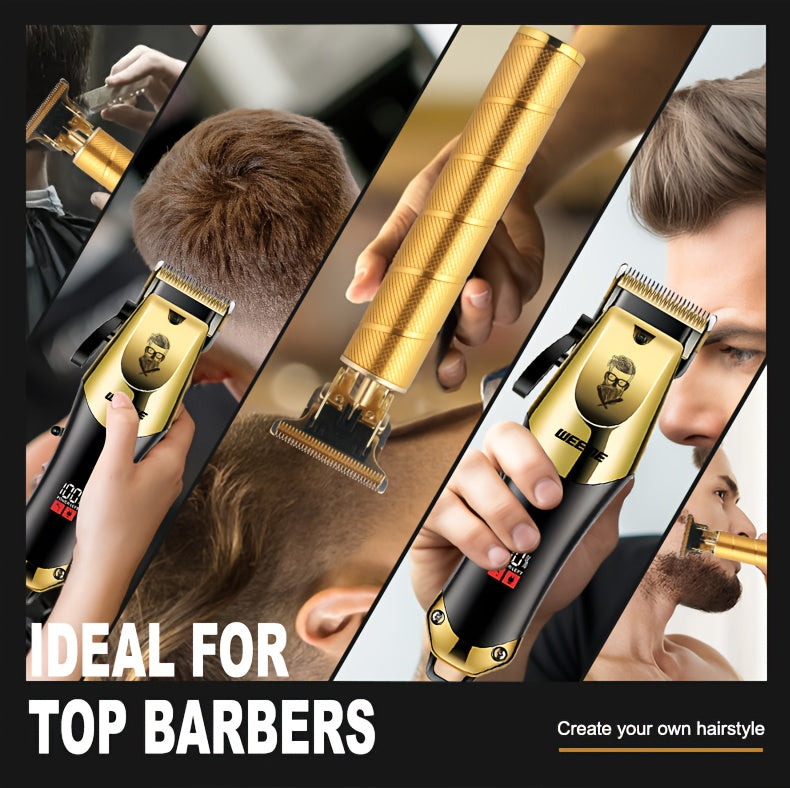 3pcs/set 8pcs 3pcs 3pcs Professional 3-Piece Golden Hair Clipper & Trimmer Set with USB Rechargeable, LCD Display, Electric Shaver, T-Blade, Limit Combs & Cleaning Brushes