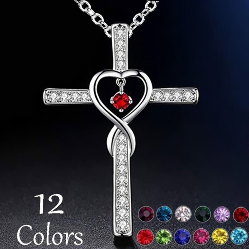 Collar con colgante de cristal con piedra natal y cruz cristiana con amor infinito en Dios confiamos, gemas de colores, collar con corazón de circón, joyería para mujer