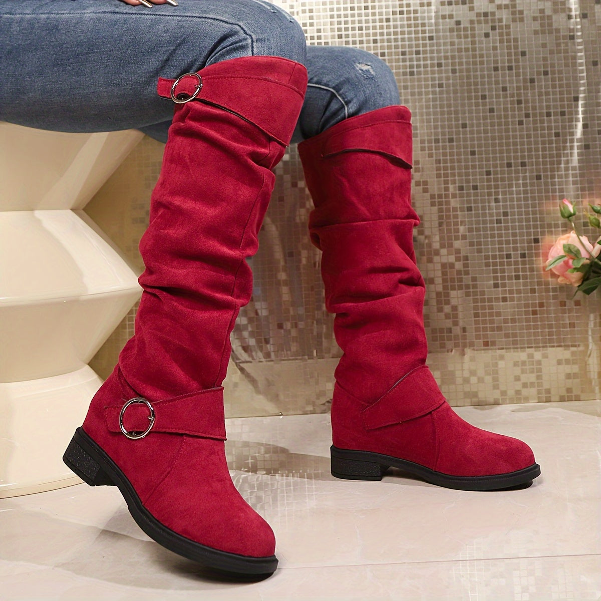 Women's Solid Color Trendy Boots, Buckle Belt Pull On Chunky Heel High Knee Boots, Winter Round Toe Slouchy Boots