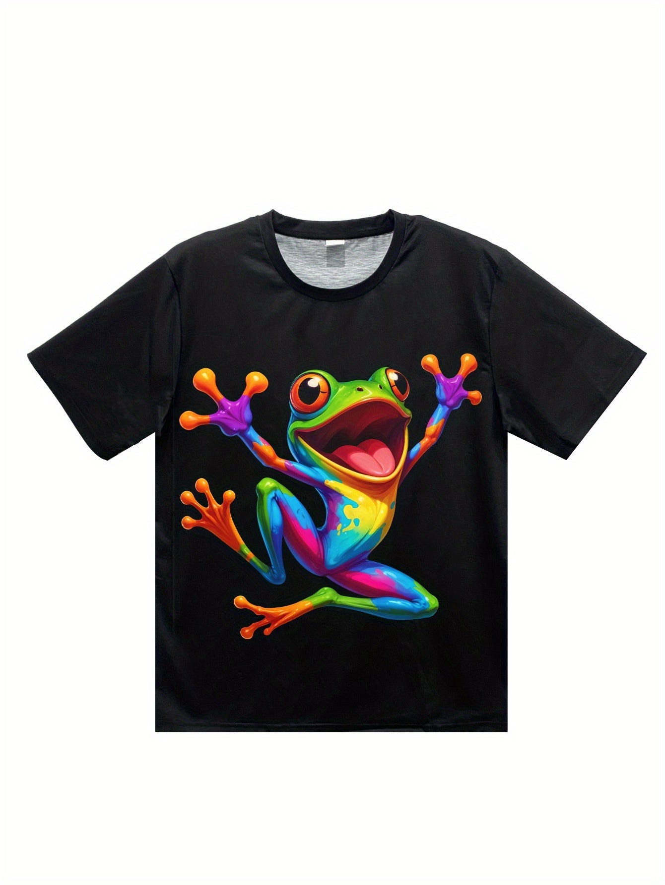 Men's Vitality Tree Frog Pattern T-shirt - Casual Round Neck Short Sleeve, Breathable Polyester Fiber Summer Top