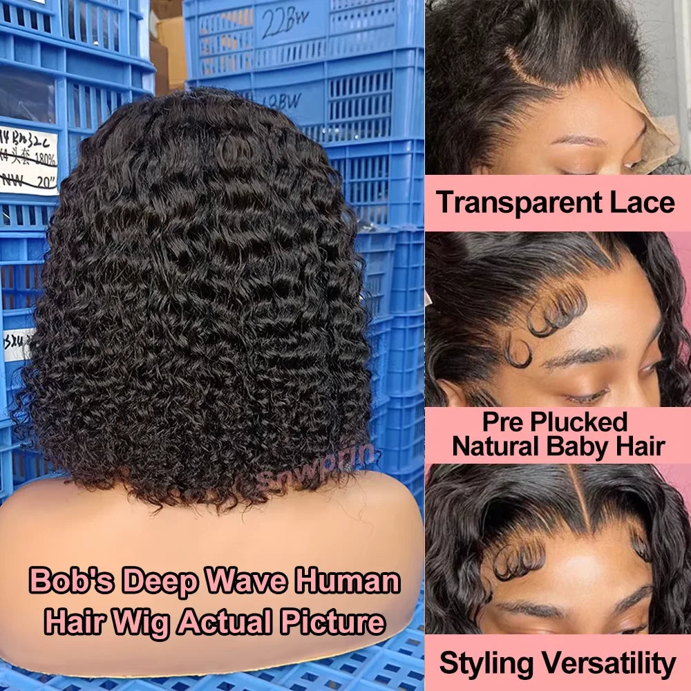 Glueless Wig Human Hair Ready To Wear Deep Wave Frontal Wig Short Curly Bob Wig Human Hair 4x4 13x4 Lace Front Human Hair 180%