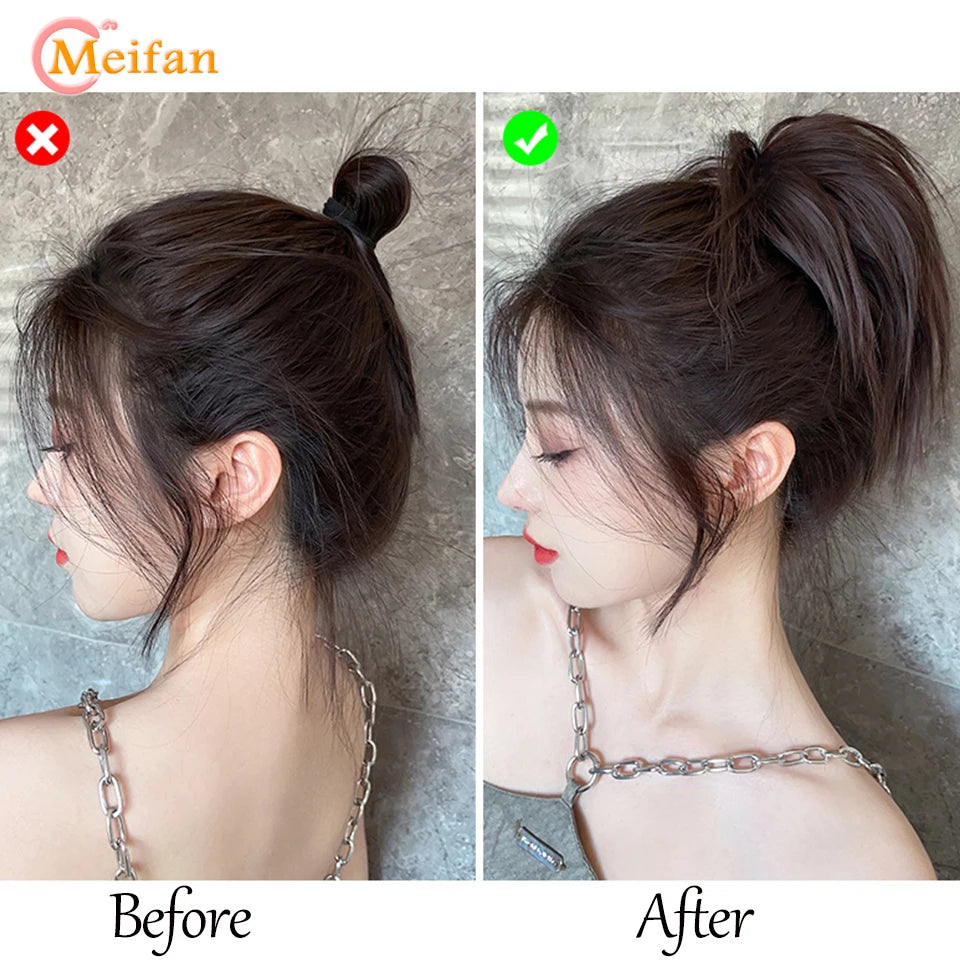 MEIFAN Extensiones de moño de cabello sintético liso desordenado con banda elástica, moño de cabello esponjoso, moño envolvente, postizo para mujer