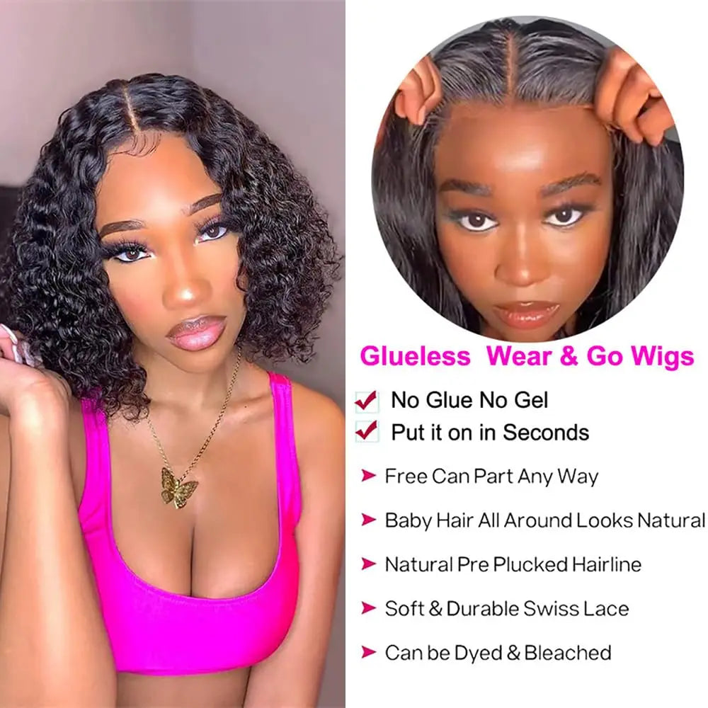 Glueless Wig Human Hair Ready To Wear Deep Wave Frontal Wig Short Curly Bob Wig Human Hair 4x4 13x4 Lace Front Human Hair 180%