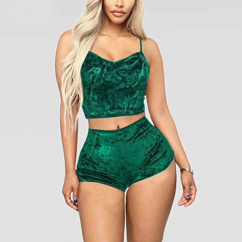Women 2 piece set Velvet Sleepwear Sexy Spaghetti Strap Shorts Pajama Set Ladies Sleepwear Female Pajama Party Two Piece Set hot