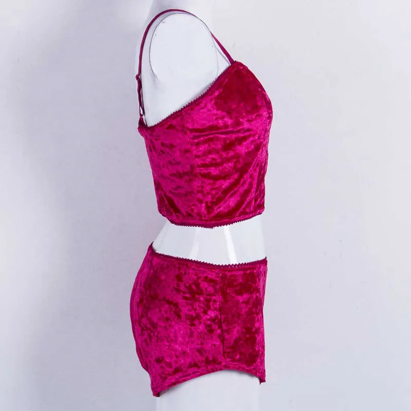 Women 2 piece set Velvet Sleepwear Sexy Spaghetti Strap Shorts Pajama Set Ladies Sleepwear Female Pajama Party Two Piece Set hot