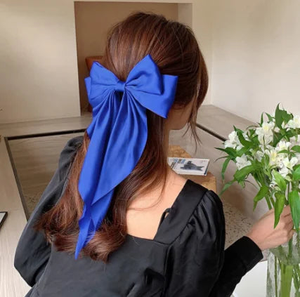 Fashion Blue Large Bow Hairpin Women Satin Chiffon Big Bowknot Bow Barrettes Solid Color Ponytail Clips for Girl Accessories Hot