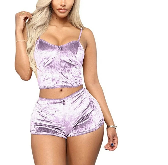Women 2 piece set Velvet Sleepwear Sexy Spaghetti Strap Shorts Pajama Set Ladies Sleepwear Female Pajama Party Two Piece Set hot