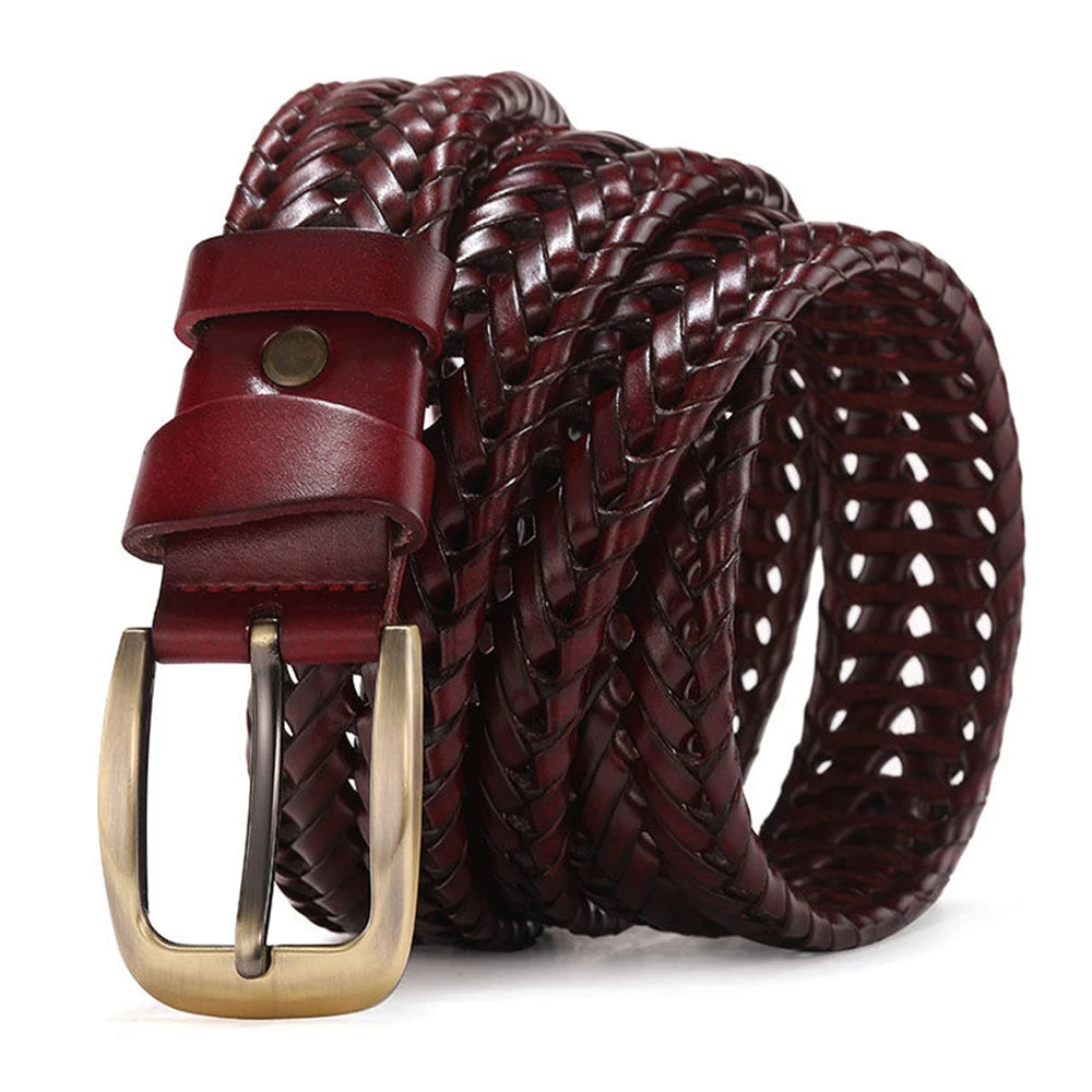 Men Genuine Leather Braided Belts Webbing High Quality Hand Vintage Belts for Men Gold Pin Buckle Casual for Jeans Strap HQ212