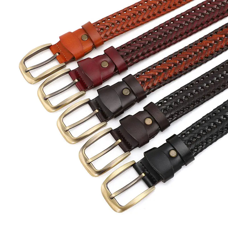 Men Genuine Leather Braided Belts Webbing High Quality Hand Vintage Belts for Men Gold Pin Buckle Casual for Jeans Strap HQ212