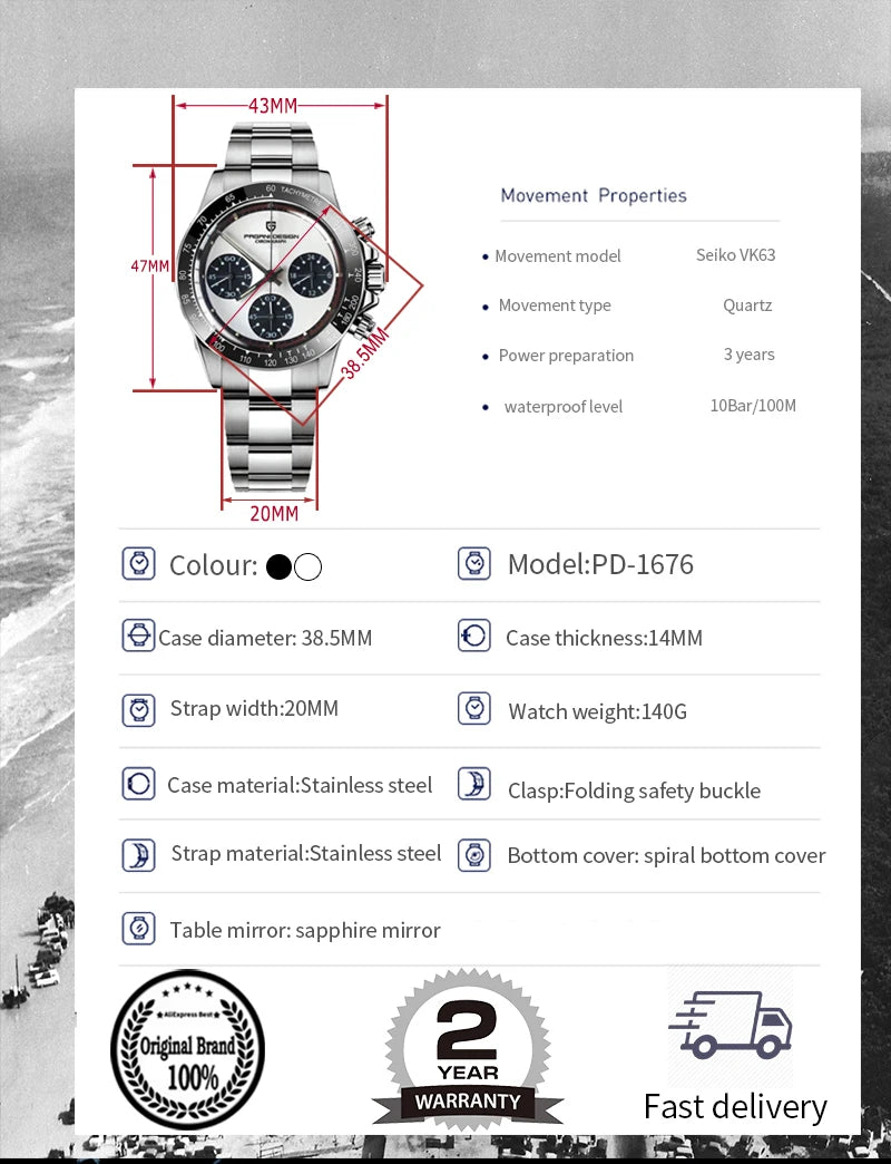 PAGANI DESIGN 2024 New Men's Watches Luxury Quartz Wristwatch for men Retro sports Chronograph Japan VK63 Sapphire glass Clock