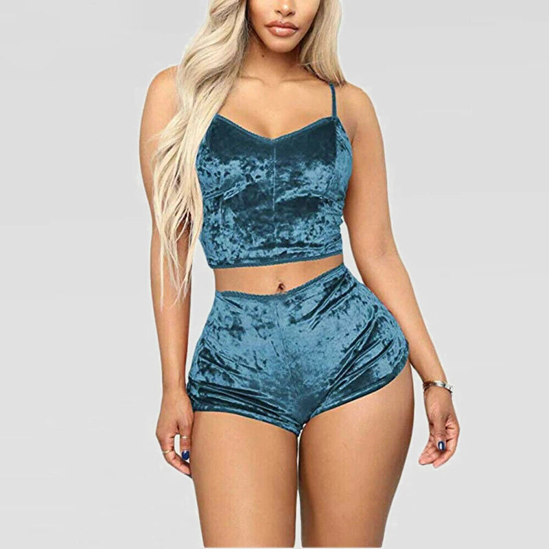 Women 2 piece set Velvet Sleepwear Sexy Spaghetti Strap Shorts Pajama Set Ladies Sleepwear Female Pajama Party Two Piece Set hot