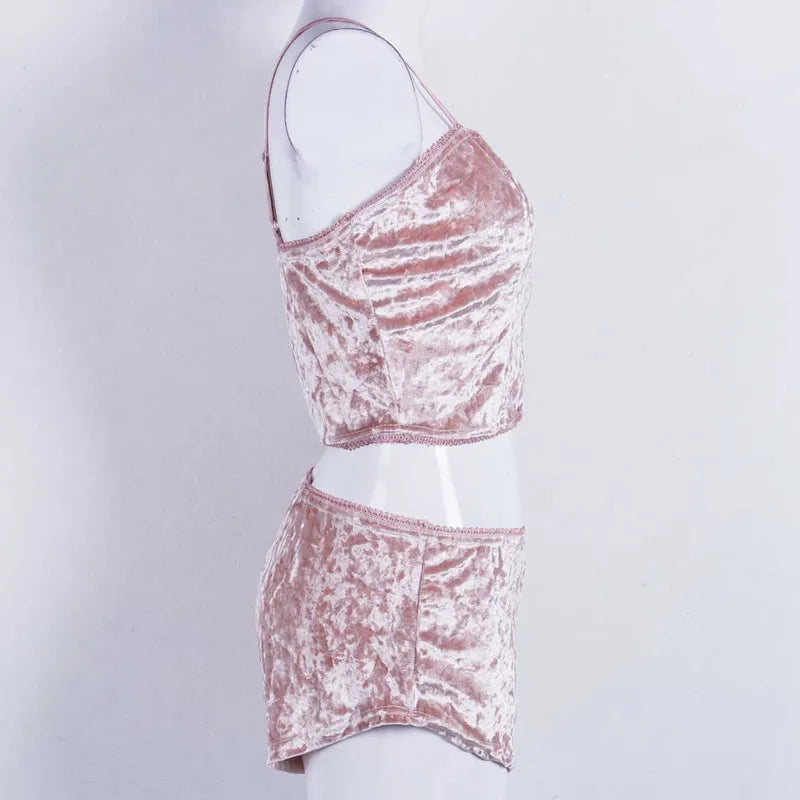 Women 2 piece set Velvet Sleepwear Sexy Spaghetti Strap Shorts Pajama Set Ladies Sleepwear Female Pajama Party Two Piece Set hot