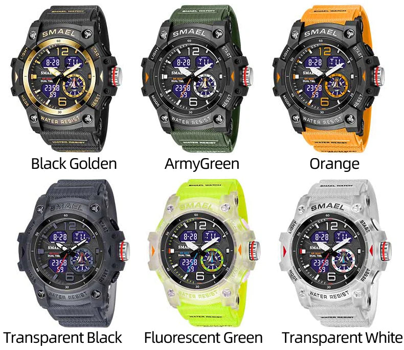 SMAEL Sports Dual Display Watch For Men LED Digital Quartz Waterproof Watches Men's Stopwatches Student Clock Youth Wristwatches