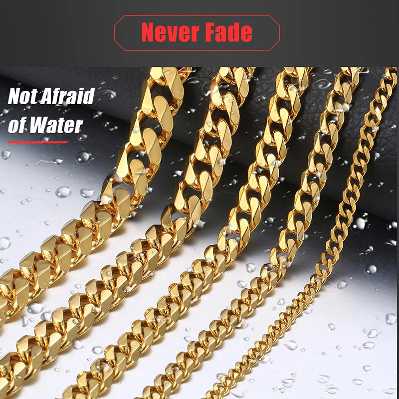 Hiphop Stainless Steel Necklace Curb Cuban Link Chain For Men Women Gold Color Solid Metal Punk Jewelry Gift KNM08