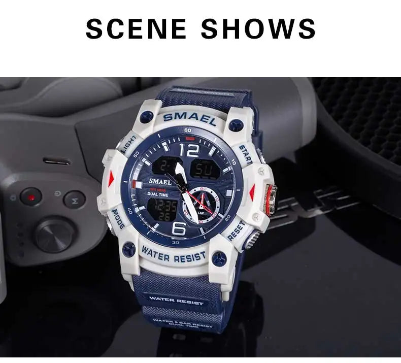 SMAEL Sports Dual Display Watch For Men LED Digital Quartz Waterproof Watches Men's Stopwatches Student Clock Youth Wristwatches