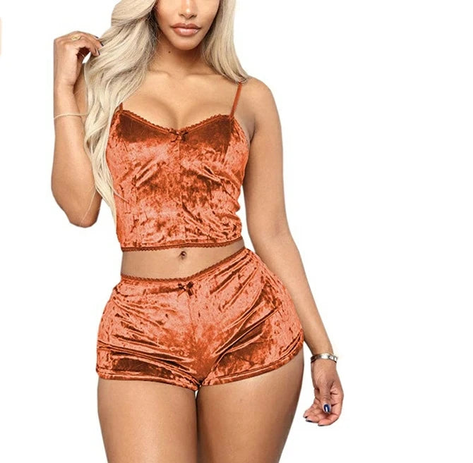 Women 2 piece set Velvet Sleepwear Sexy Spaghetti Strap Shorts Pajama Set Ladies Sleepwear Female Pajama Party Two Piece Set hot