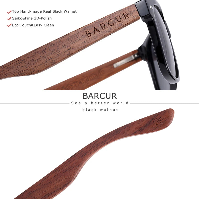 BARCUR Black Sunglasses for Men Sun Glasses Polarized Sunshade Natural Wood Sunglasses Men Eyeglasses Oculos