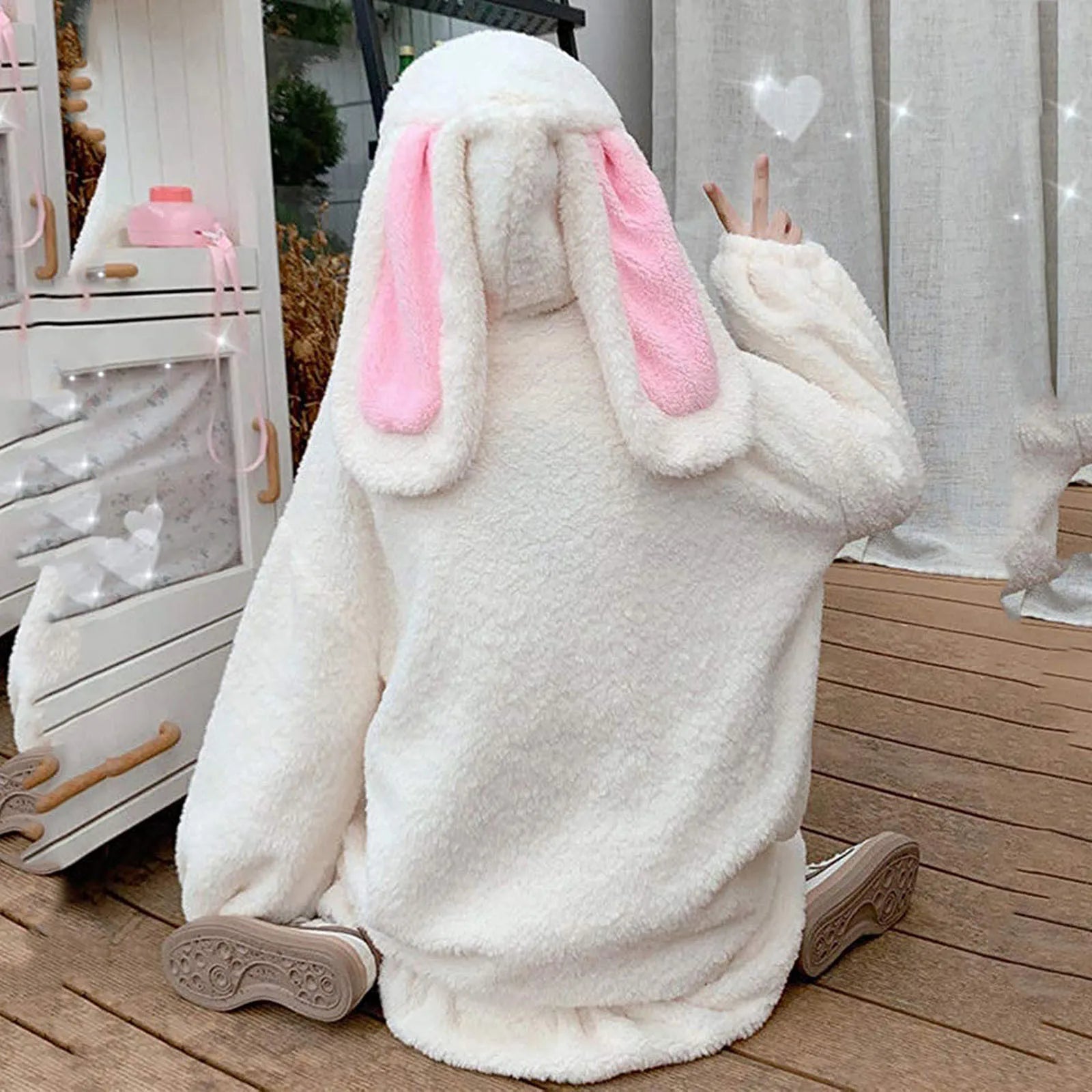 Hoodies Women Large Size Solid Zip-up Long Lantern Sleeve Hooded Rabbit Ears Lolita Cute Sweet Girls Harajuku Style Warm Baggy
