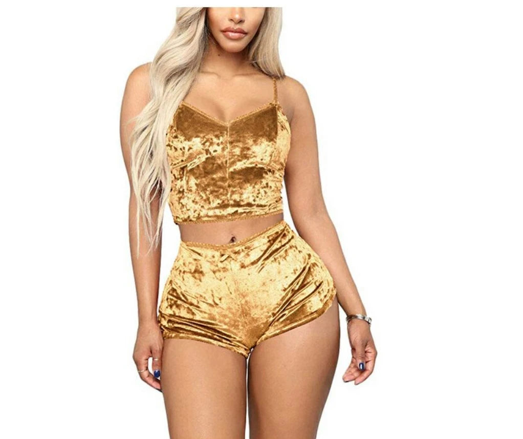 Women 2 piece set Velvet Sleepwear Sexy Spaghetti Strap Shorts Pajama Set Ladies Sleepwear Female Pajama Party Two Piece Set hot