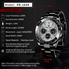 PAGANI DESIGN New Stainless Steel Men Quartz Wristwatches Top Brand Sapphire Glass Chronograph Japanese Seiko VK63 Watch for Men