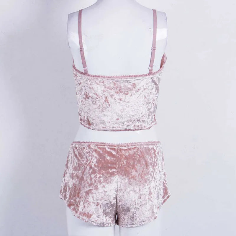 Women 2 piece set Velvet Sleepwear Sexy Spaghetti Strap Shorts Pajama Set Ladies Sleepwear Female Pajama Party Two Piece Set hot