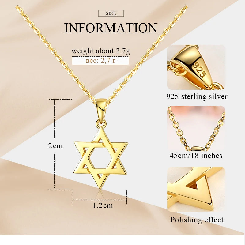 Jewish Magen Star of David Sterling 925 Silver Necklace Women Men Israel Judaica Hebrew Jewelry Hanukkah Pendants Gold Color