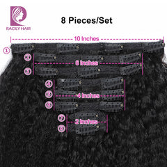 Racily Hair Afro Kinky Straight Clip-In-Haarverlängerungen, Echthaar, Kinky Straight, 8 Teile/Satz, Clip-Ins, brasilianisches Remy-Haar, 140 Gramm