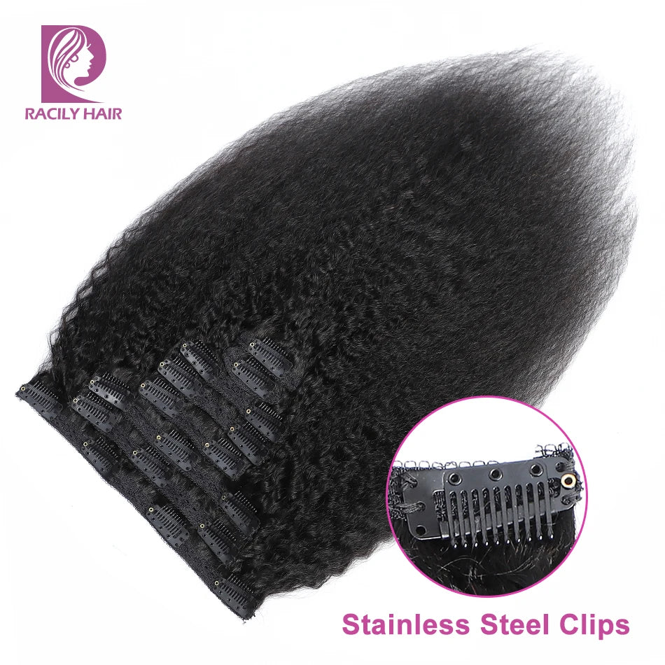 Racily Hair Afro Kinky Straight Clip-In-Haarverlängerungen, Echthaar, Kinky Straight, 8 Teile/Satz, Clip-Ins, brasilianisches Remy-Haar, 140 Gramm