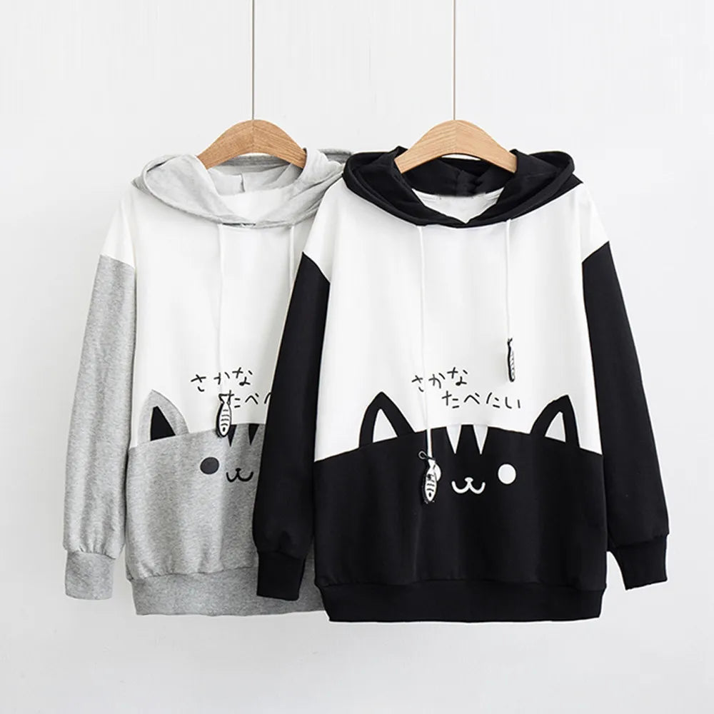 Women sweatshirt Cat Print hoodies kawaii Japanes pullovers Loose Casual Long Sleeve Pocket Hoodie Blouse Tops sudadera mujer