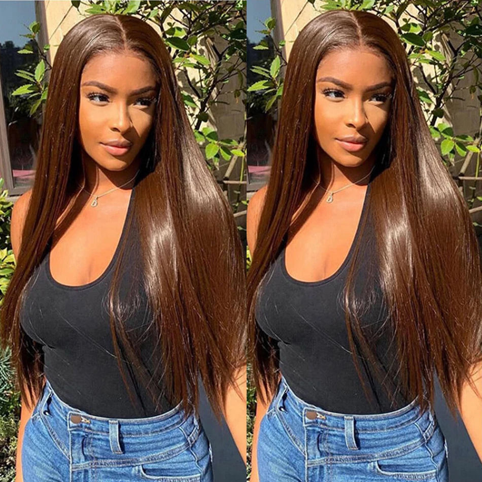 Premium Chocolate Brown Colored 13x4 HD Lace Front Human Hair Wigs Raw Indian Straight Human Hair Wigs HD Lace Frontal Wigs