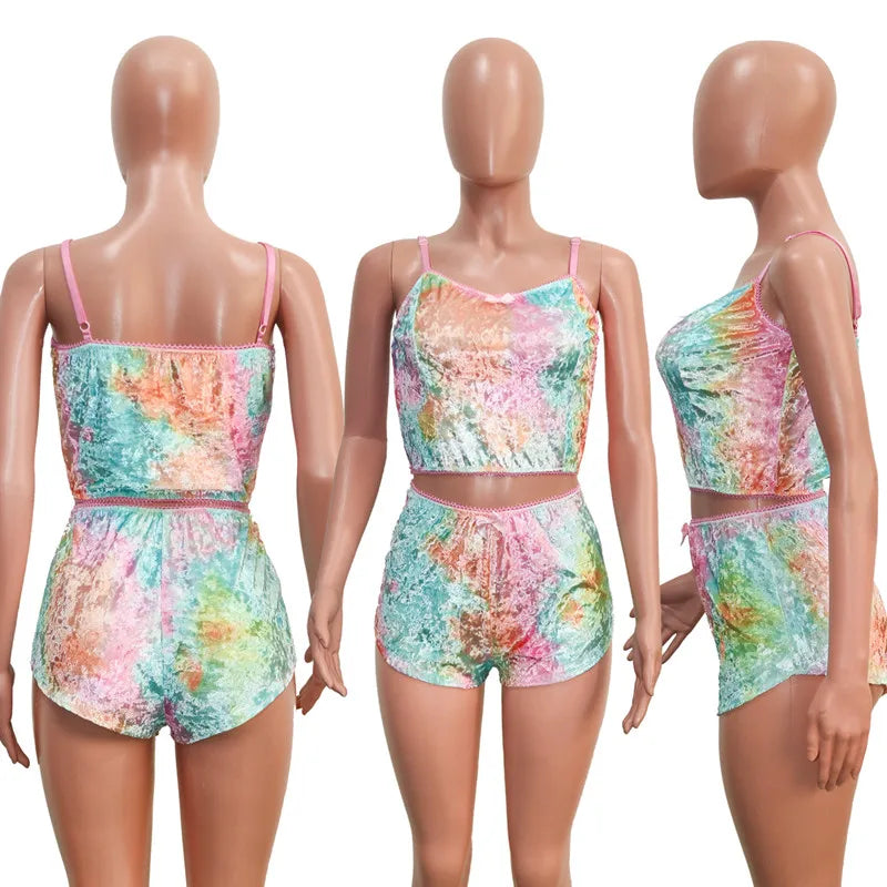 Women 2 piece set Velvet Sleepwear Sexy Spaghetti Strap Shorts Pajama Set Ladies Sleepwear Female Pajama Party Two Piece Set hot