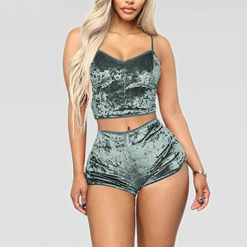 Women 2 piece set Velvet Sleepwear Sexy Spaghetti Strap Shorts Pajama Set Ladies Sleepwear Female Pajama Party Two Piece Set hot