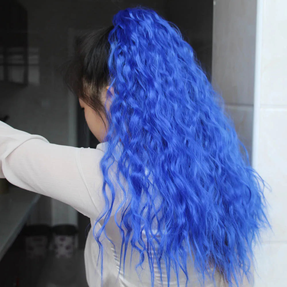 Jeedou Synthetic Long Kinky Curly Hair Ribbon Ponytail Extension Brown Blue Pink Purple Naturl Color Ponytails