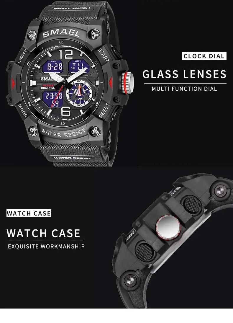 SMAEL Sports Dual Display Watch For Men LED Digital Quartz Waterproof Watches Men's Stopwatches Student Clock Youth Wristwatches