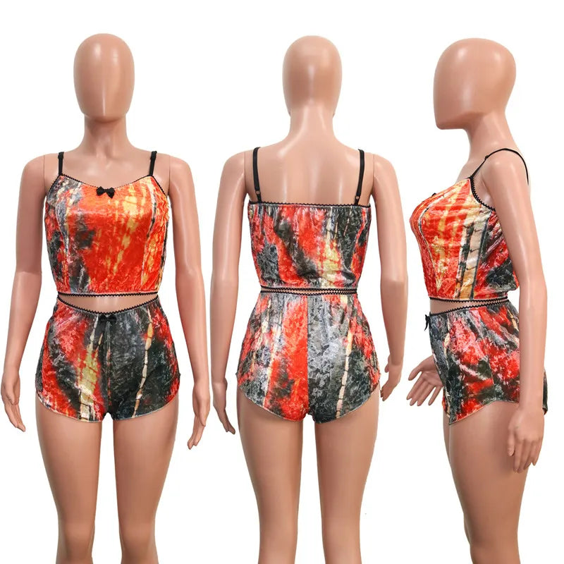 Women 2 piece set Velvet Sleepwear Sexy Spaghetti Strap Shorts Pajama Set Ladies Sleepwear Female Pajama Party Two Piece Set hot