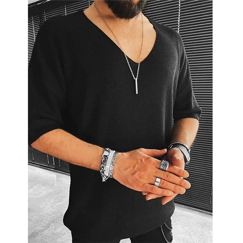 Autumn New Casual Knitted Sweater For Men Half Sleeve V-Neck Solid Jumpers Tops Fashion Slim Fit Sweaters Mens Streetwear