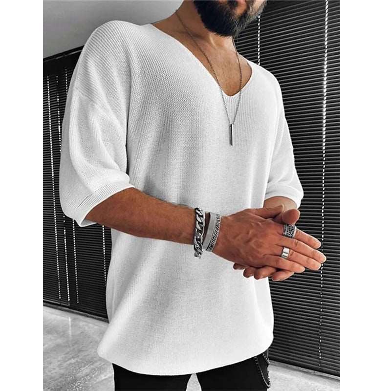 Autumn New Casual Knitted Sweater For Men Half Sleeve V-Neck Solid Jumpers Tops Fashion Slim Fit Sweaters Mens Streetwear