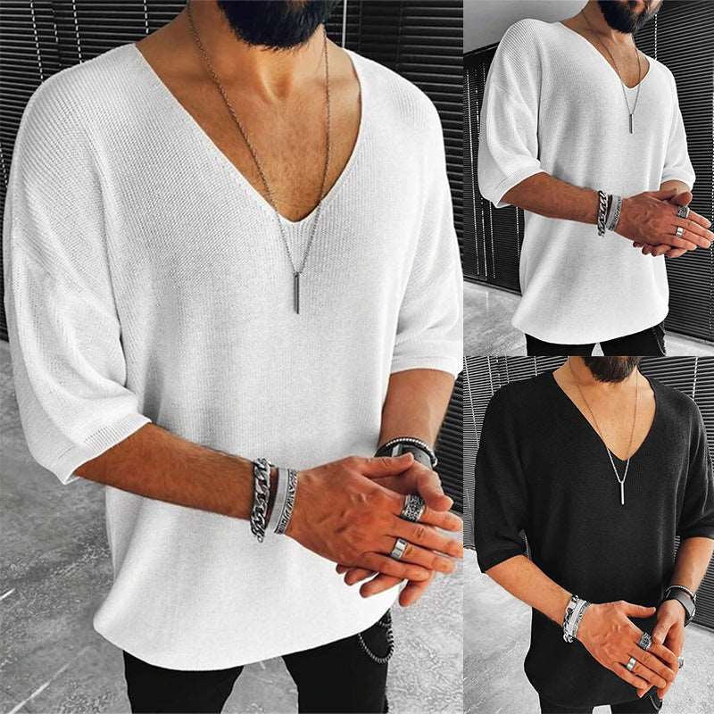 Autumn New Casual Knitted Sweater For Men Half Sleeve V-Neck Solid Jumpers Tops Fashion Slim Fit Sweaters Mens Streetwear