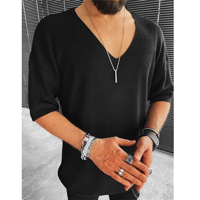 Autumn New Casual Knitted Sweater For Men Half Sleeve V-Neck Solid Jumpers Tops Fashion Slim Fit Sweaters Mens Streetwear