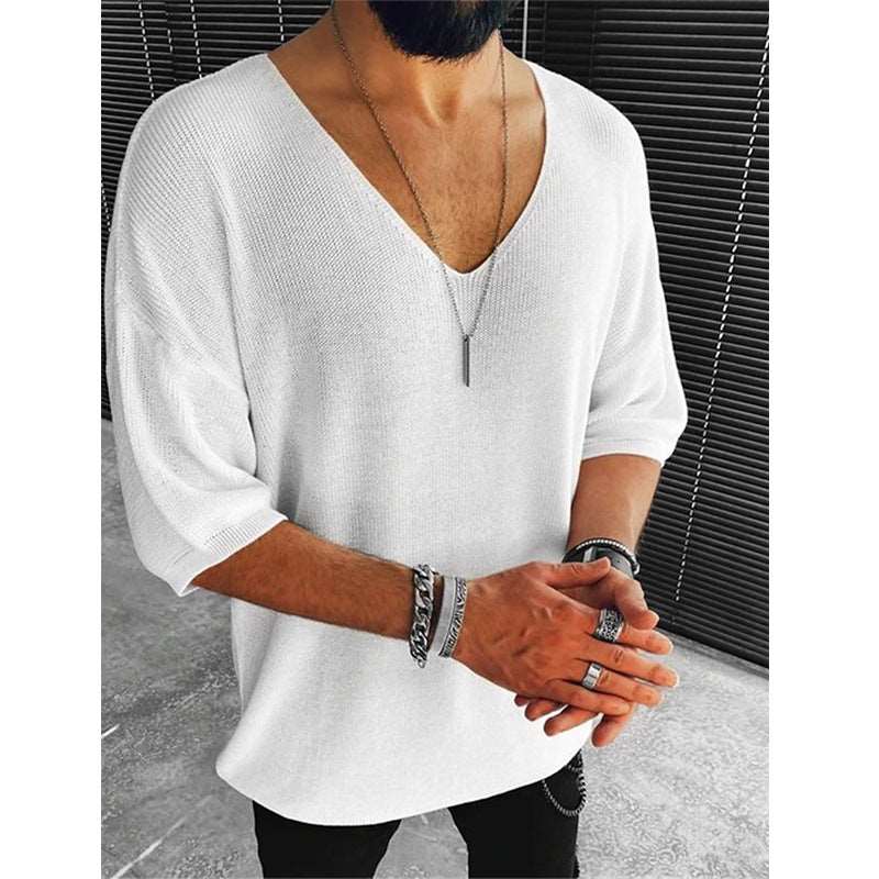 Autumn New Casual Knitted Sweater For Men Half Sleeve V-Neck Solid Jumpers Tops Fashion Slim Fit Sweaters Mens Streetwear