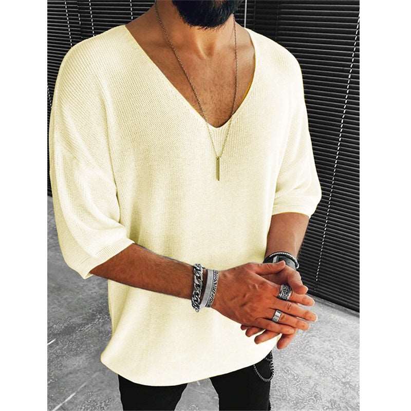 Autumn New Casual Knitted Sweater For Men Half Sleeve V-Neck Solid Jumpers Tops Fashion Slim Fit Sweaters Mens Streetwear